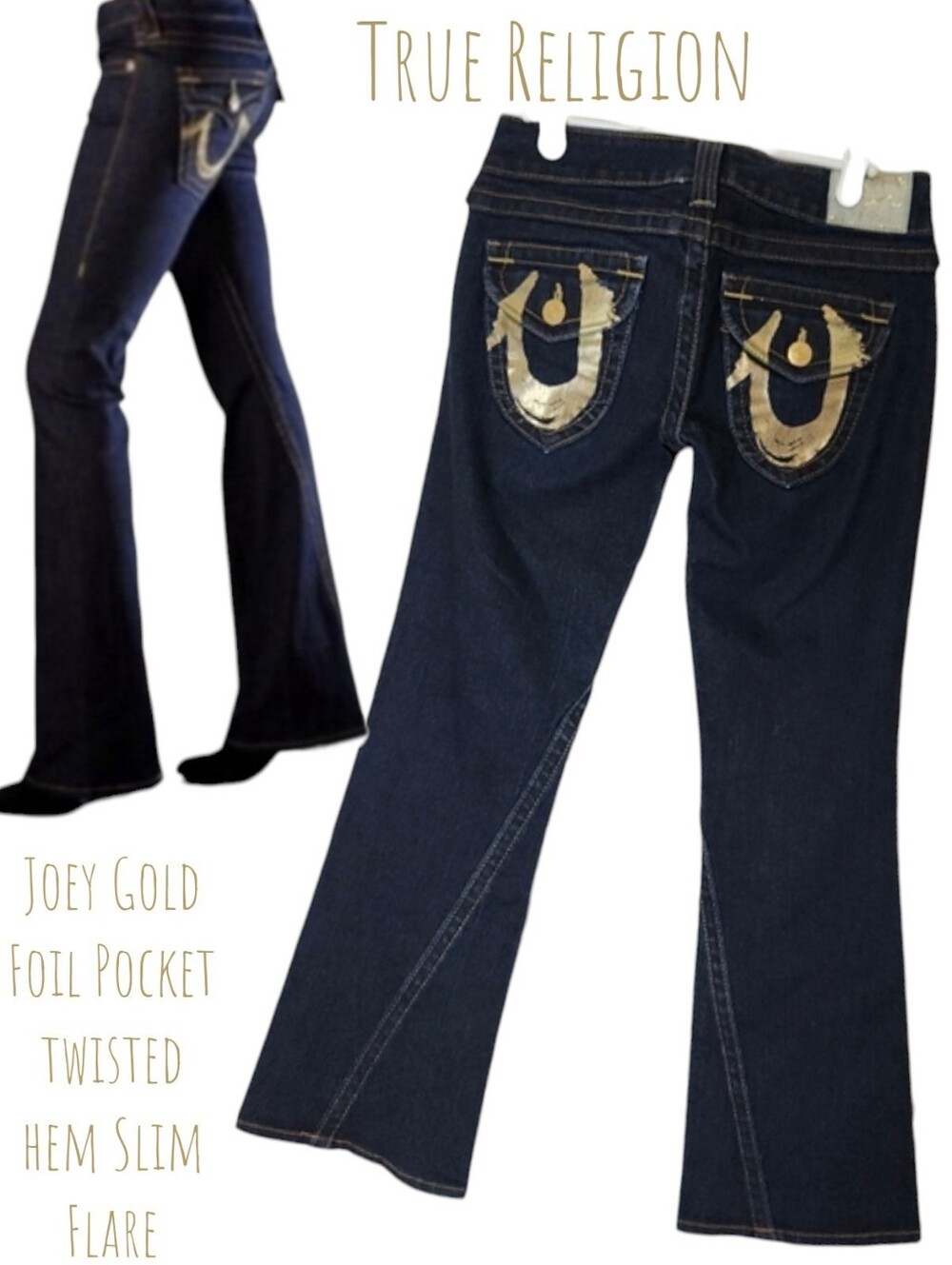 True Religion Women Joey Gold Foil Pocket twisted hem Slim Flare Blue jeans 27